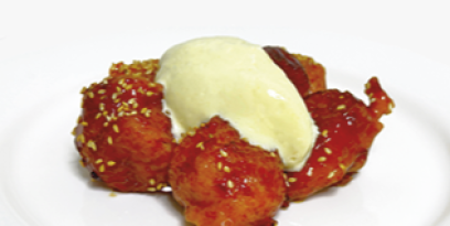 Whipped mango and coconut cream on Cantonese toffee bananas